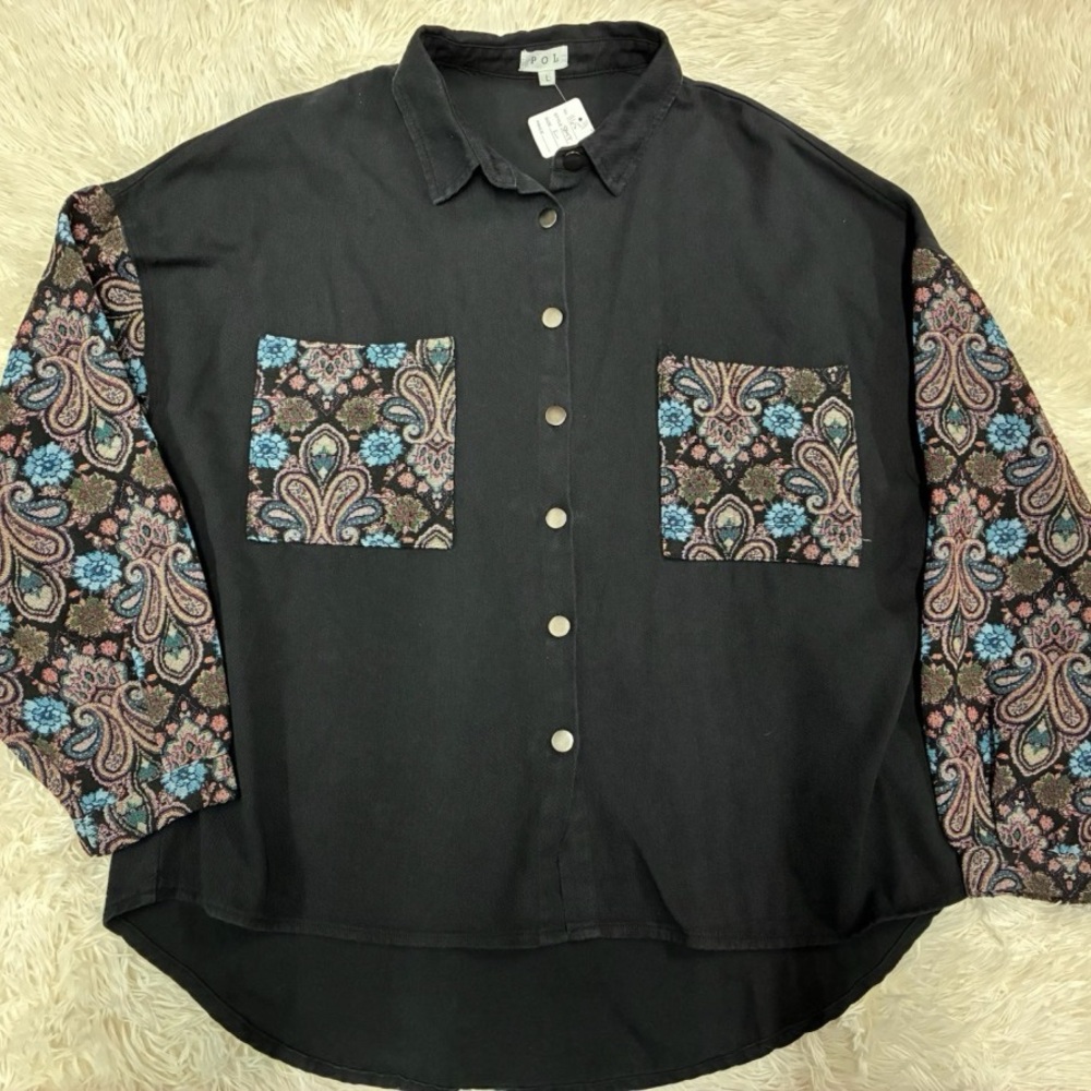 POL Black Shacket with Paisley Patterned Sleeves Size Large NWOT